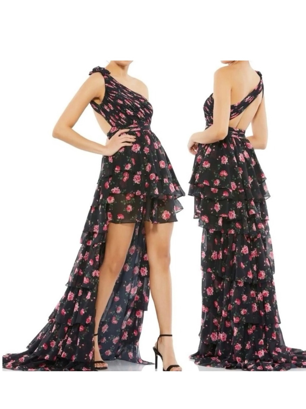Mac Duggal ruffled rose print layered high-low dress
